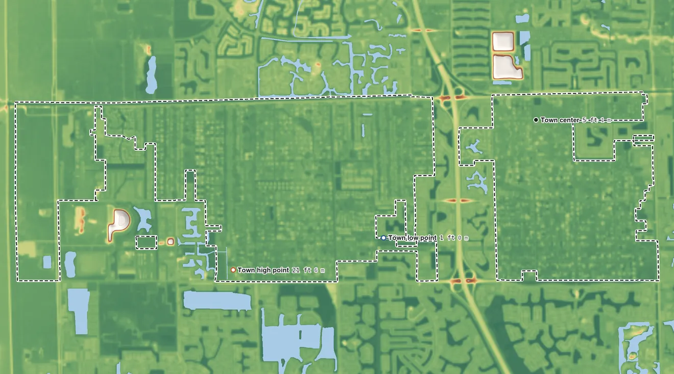 Topographic elevation map of Southwest Ranches, Florida, shaded from 1 ft on the southwest side to 21 ft on the southwest side