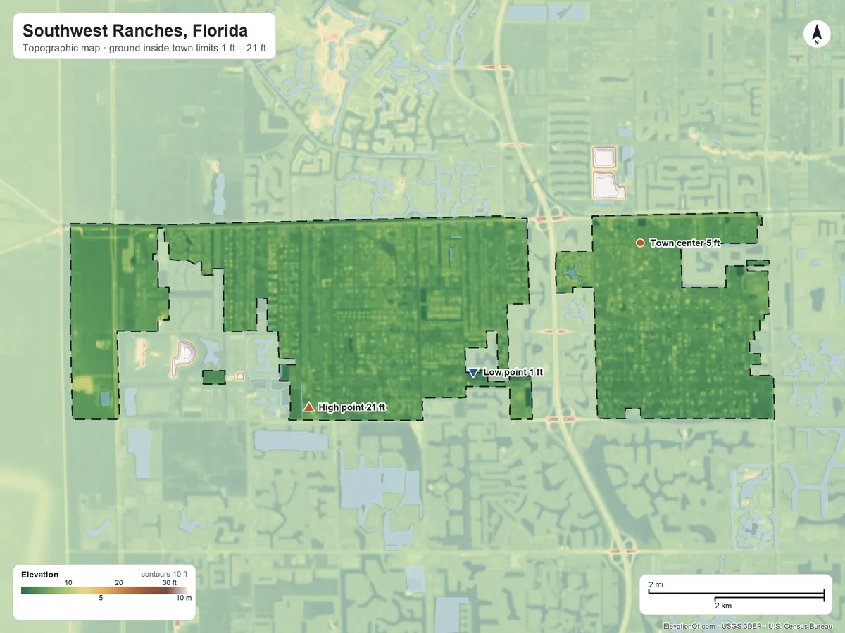 Topographic elevation map of Southwest Ranches, Florida, shaded from 1 ft on the southwest side to 21 ft on the southwest side