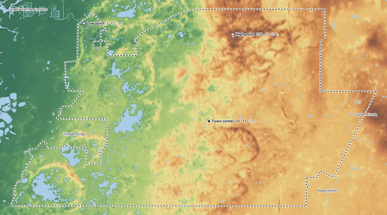 Topographic elevation map of Spring Hill, Florida, shaded from 3 ft on the northwest side to 130 ft on the north side