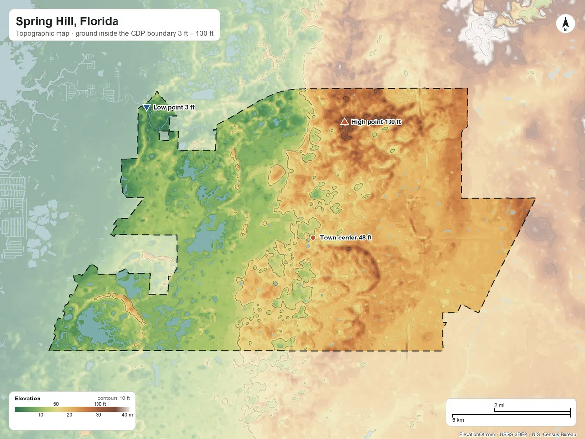 Topographic elevation map of Spring Hill, Florida, shaded from 3 ft on the northwest side to 130 ft on the north side