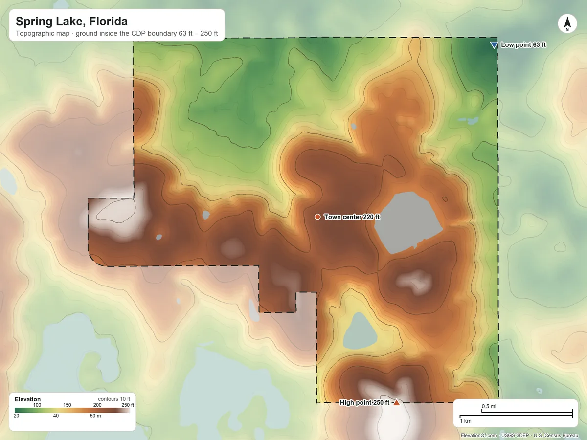 Topographic elevation map of Spring Lake, Florida, shaded from 63 ft on the northeast side to 250 ft on the southeast side