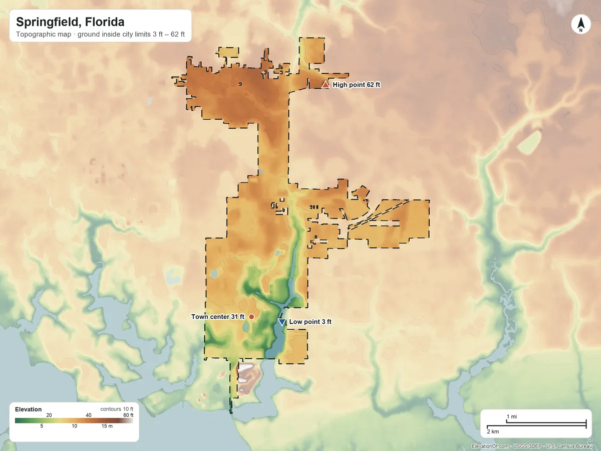 Topographic elevation map of Springfield, Florida, shaded from 3 ft near the middle to 62 ft on the north side