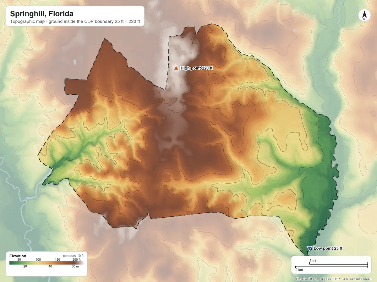 Topographic elevation map of Springhill, Florida, shaded from 25 ft on the southeast side to 220 ft on the northeast side