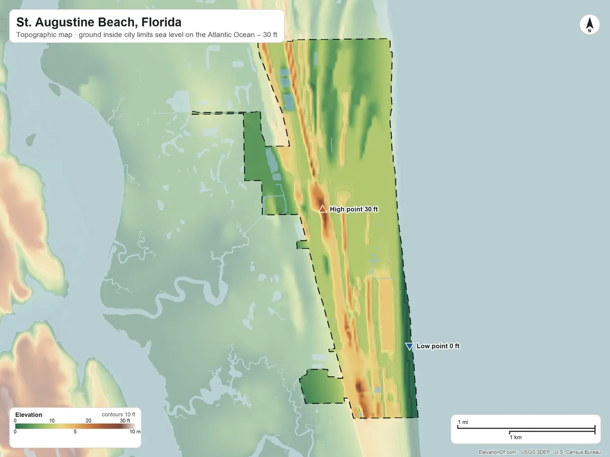 Topographic elevation map of St. Augustine Beach, Florida, shaded from sea level level on the Atlantic Ocean to 30 ft near the middle