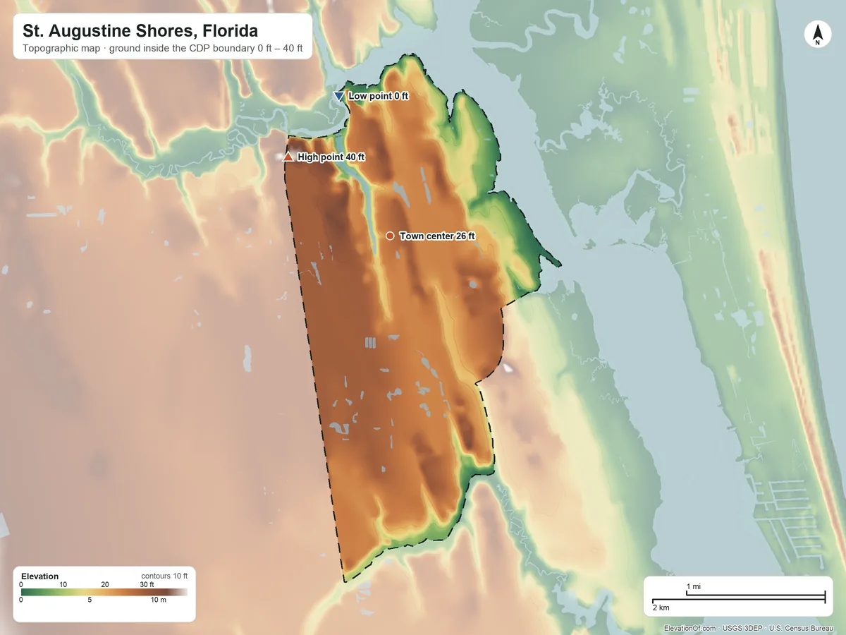 Topographic elevation map of St. Augustine Shores, Florida, shaded from 0 ft on the north side to 40 ft on the northwest side