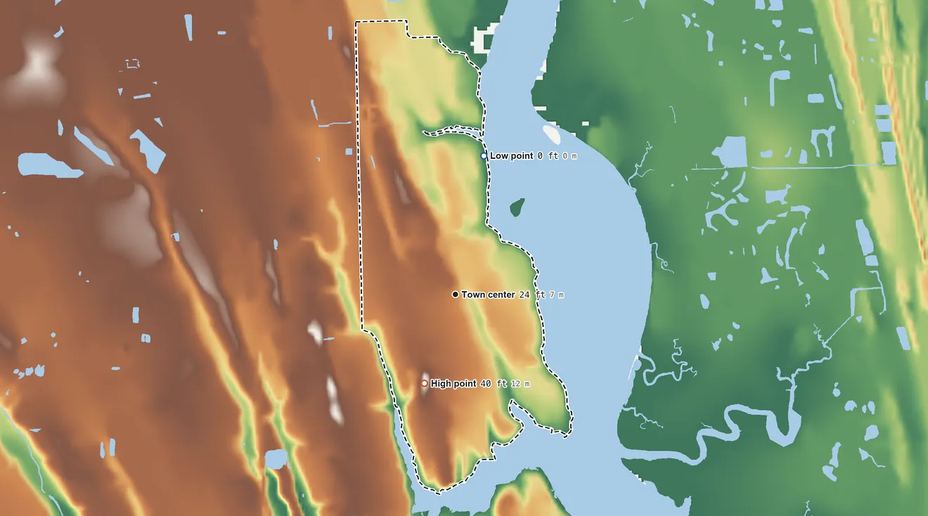 Topographic elevation map of St. Augustine South, Florida, shaded from 0 ft on the north side to 40 ft on the south side