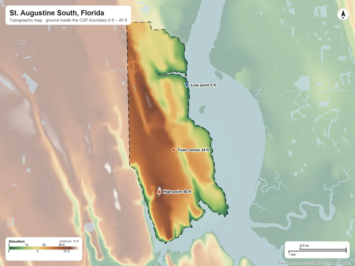 Topographic elevation map of St. Augustine South, Florida, shaded from 0 ft on the north side to 40 ft on the south side
