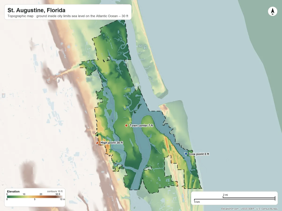 Topographic elevation map of St. Augustine, Florida, shaded from sea level level on the Atlantic Ocean to 30 ft on the southwest side