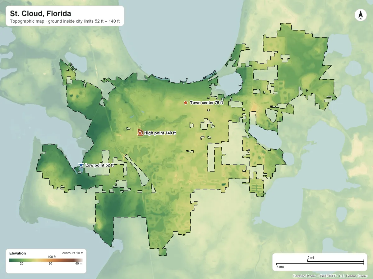 Topographic elevation map of St. Cloud, Florida, shaded from 52 ft on the southwest side to 140 ft on the southwest side