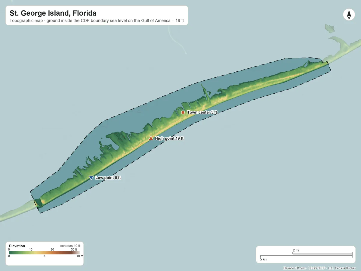 Topographic elevation map of St. George Island, Florida, shaded from sea level level on the Gulf of America to 19 ft on the southwest side