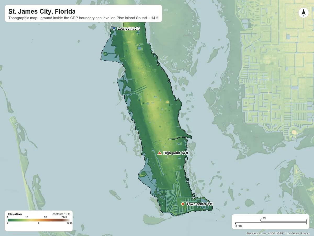 Topographic elevation map of St. James City, Florida, shaded from sea level level on Pine Island Sound to 14 ft on the northwest side
