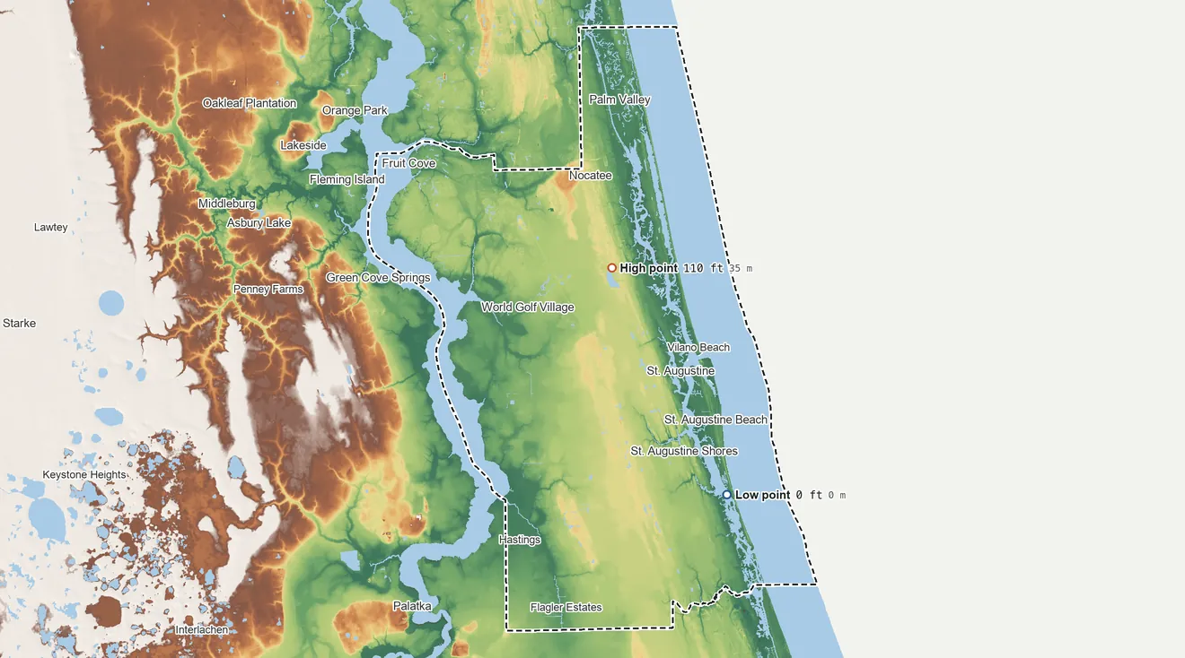 Topographic elevation map of St. Johns County, Florida, shaded from sea level on the Atlantic Ocean to 110 ft near the middle