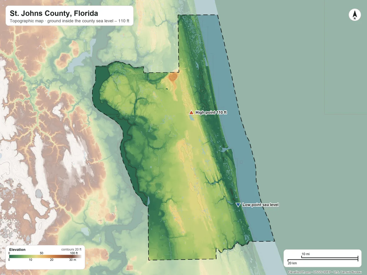 Topographic elevation map of St. Johns County, Florida, shaded from sea level on the Atlantic Ocean to 110 ft near the middle