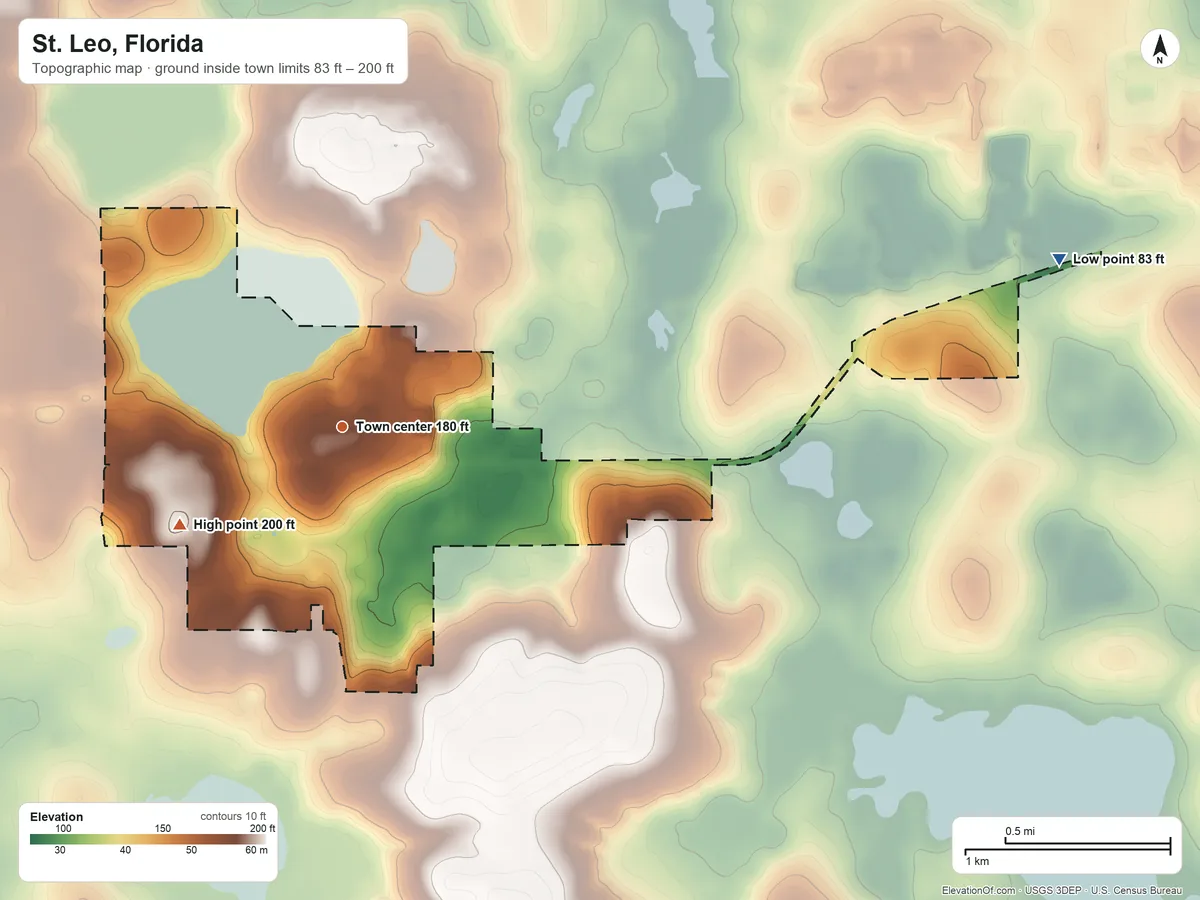 Topographic elevation map of St. Leo, Florida, shaded from 83 ft on the east side to 200 ft on the southwest side