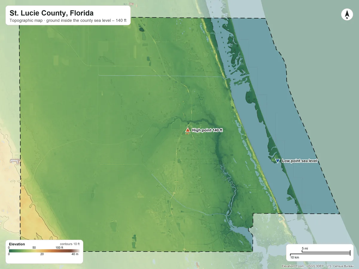 Topographic elevation map of St. Lucie County, Florida, shaded from sea level on the Atlantic Ocean to 140 ft near the middle