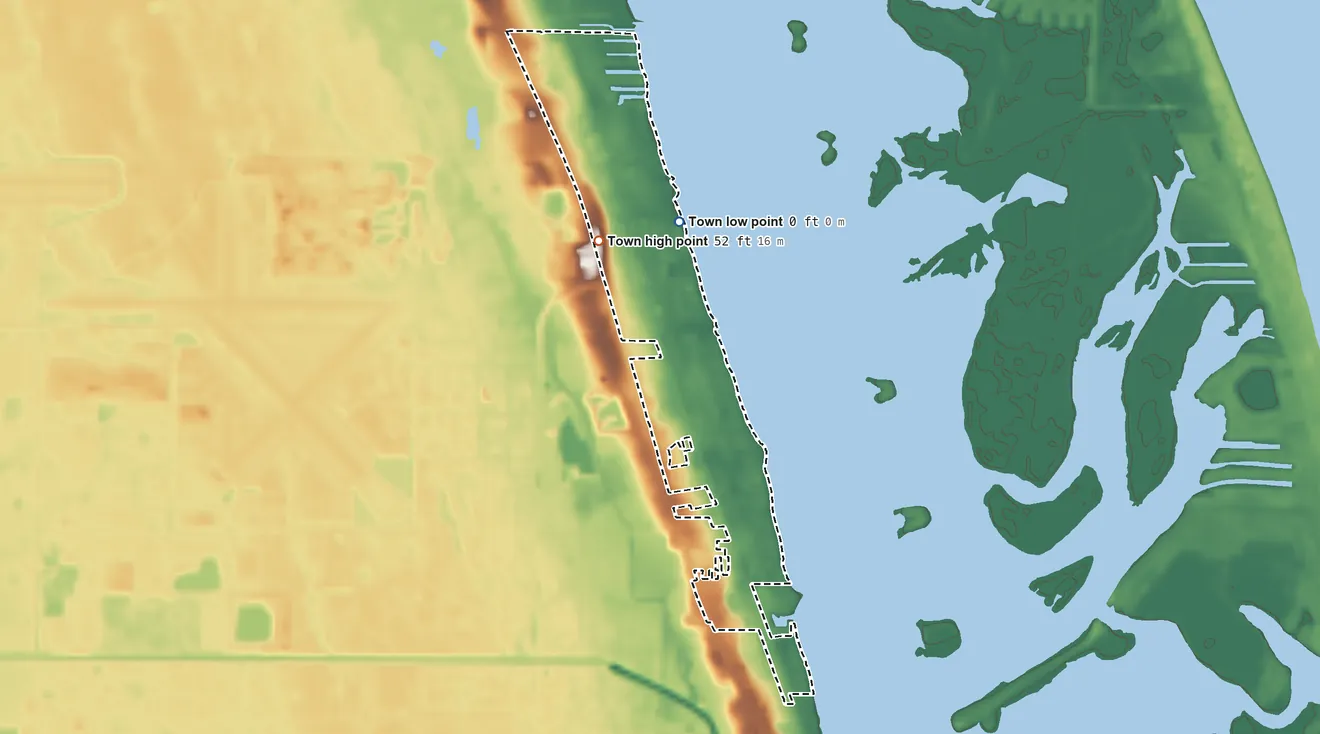 Topographic elevation map of St. Lucie Village, Florida, shaded from 0 ft on the north side to 52 ft on the north side