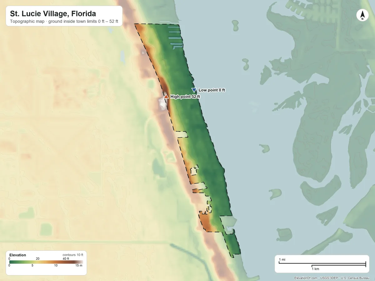 Topographic elevation map of St. Lucie Village, Florida, shaded from 0 ft on the north side to 52 ft on the north side