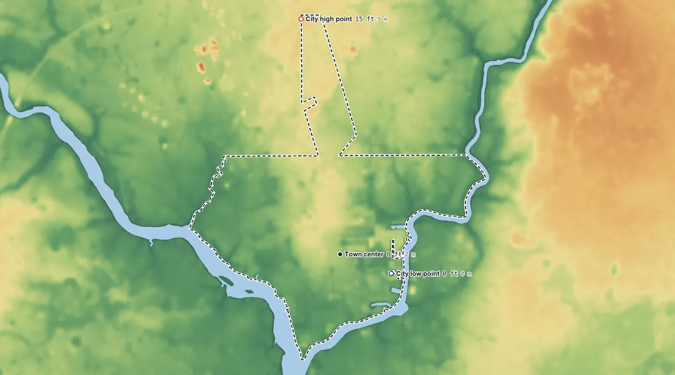 Topographic elevation map of St. Marks, Florida, shaded from 0 ft on the east side to 15 ft on the north side