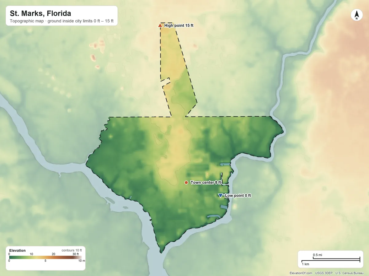 Topographic elevation map of St. Marks, Florida, shaded from 0 ft on the east side to 15 ft on the north side
