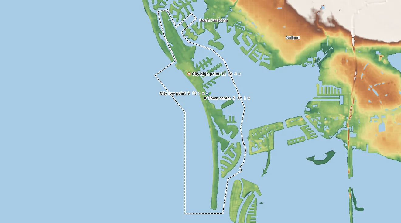 Topographic elevation map of St. Pete Beach, Florida, shaded from sea level level on Boca Ciega Bay to 11 ft on the northwest side