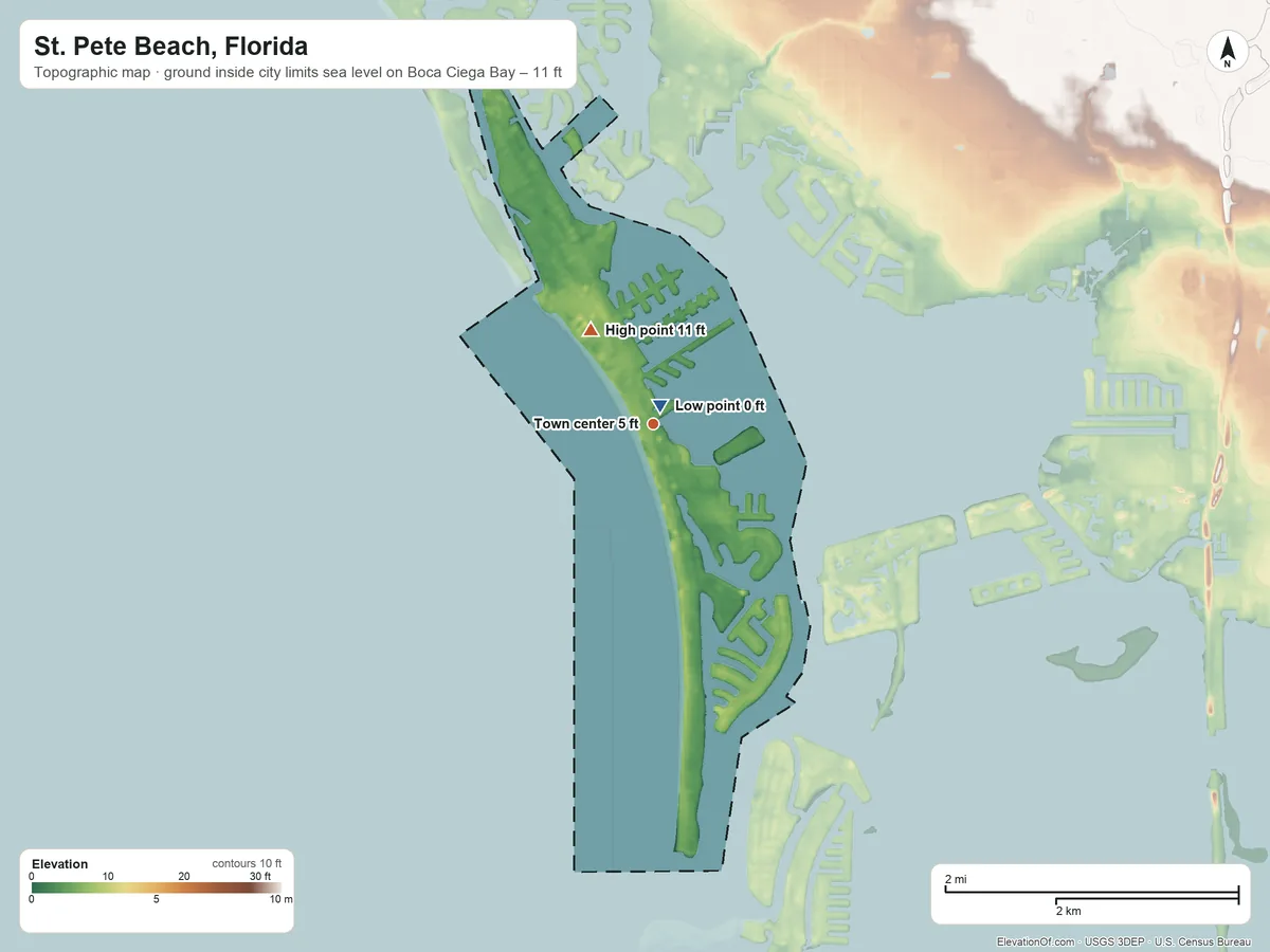 Topographic elevation map of St. Pete Beach, Florida, shaded from sea level level on Boca Ciega Bay to 11 ft on the northwest side
