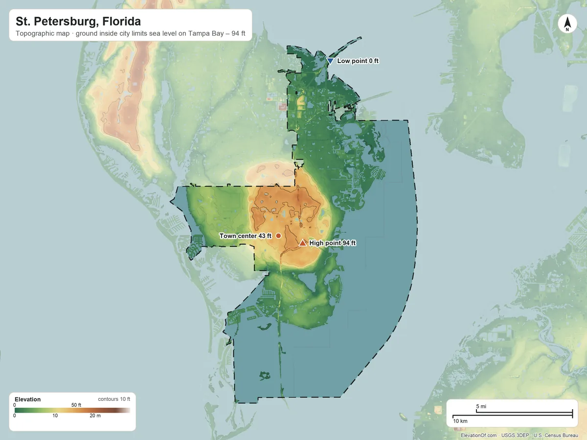 Topographic elevation map of St. Petersburg, Florida, shaded from sea level level on Tampa Bay to 94 ft near the middle