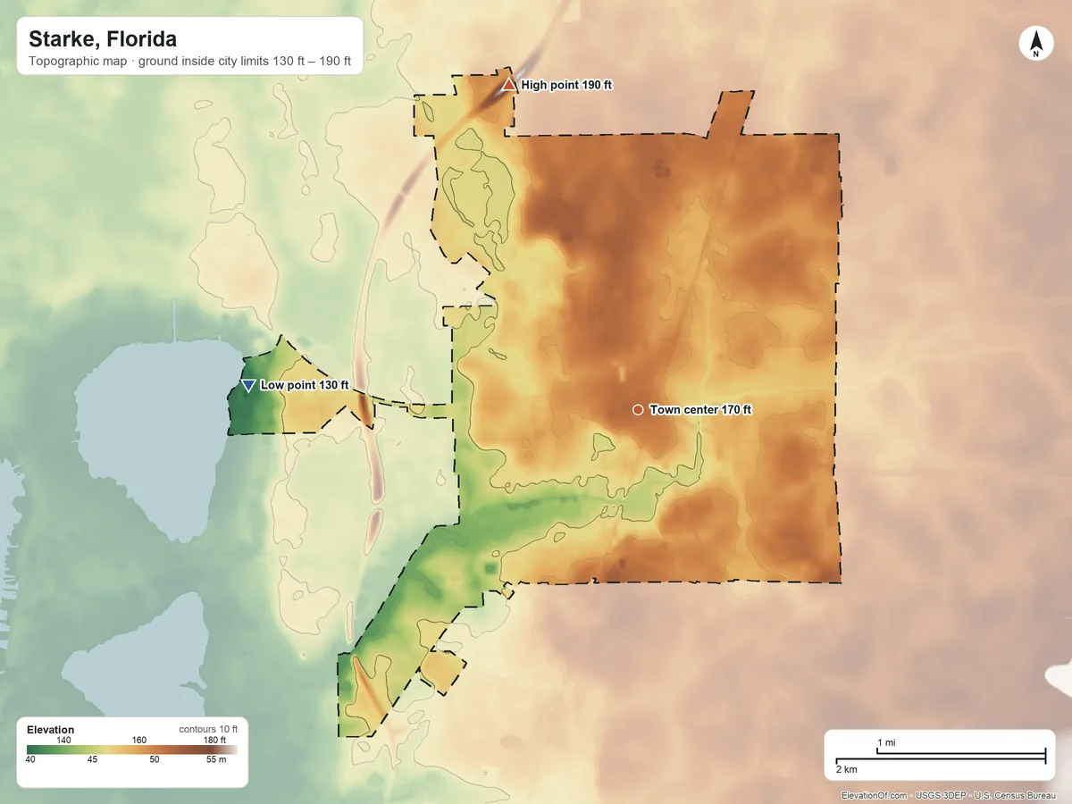 Topographic elevation map of Starke, Florida, shaded from 130 ft on the west side to 190 ft on the north side