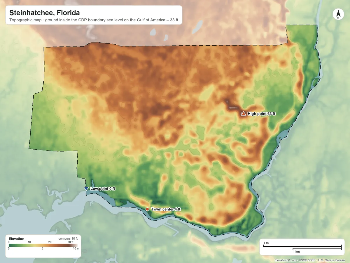 Topographic elevation map of Steinhatchee, Florida, shaded from sea level level on the Gulf of America to 33 ft on the northeast side