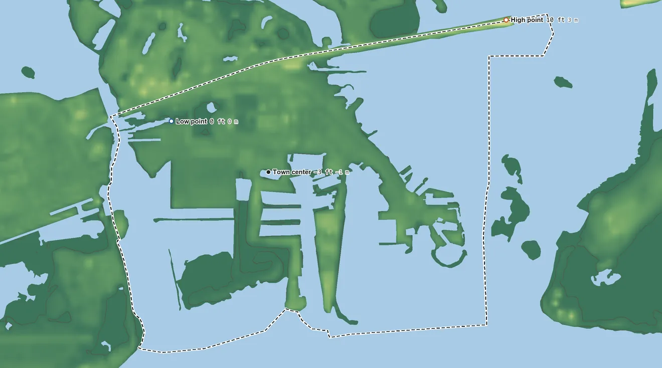Topographic elevation map of Stock Island, Florida, shaded from sea level level on the Cow Key Channel to 10 ft on the northeast side
