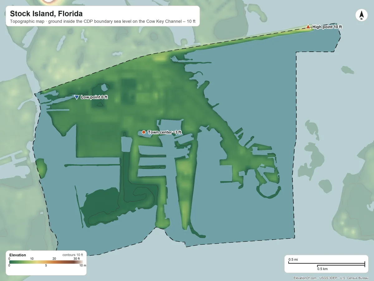 Topographic elevation map of Stock Island, Florida, shaded from sea level level on the Cow Key Channel to 10 ft on the northeast side