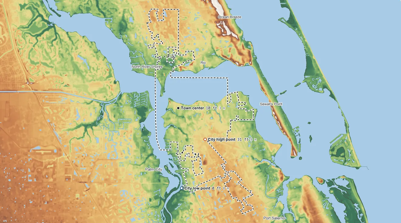 Topographic elevation map of Stuart, Florida, shaded from 0 ft on the south side to 31 ft on the southeast side