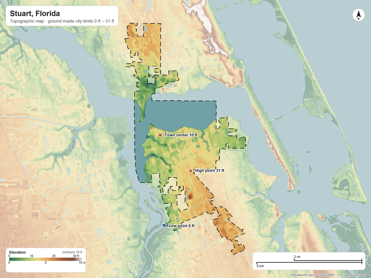 Topographic elevation map of Stuart, Florida, shaded from 0 ft on the south side to 31 ft on the southeast side