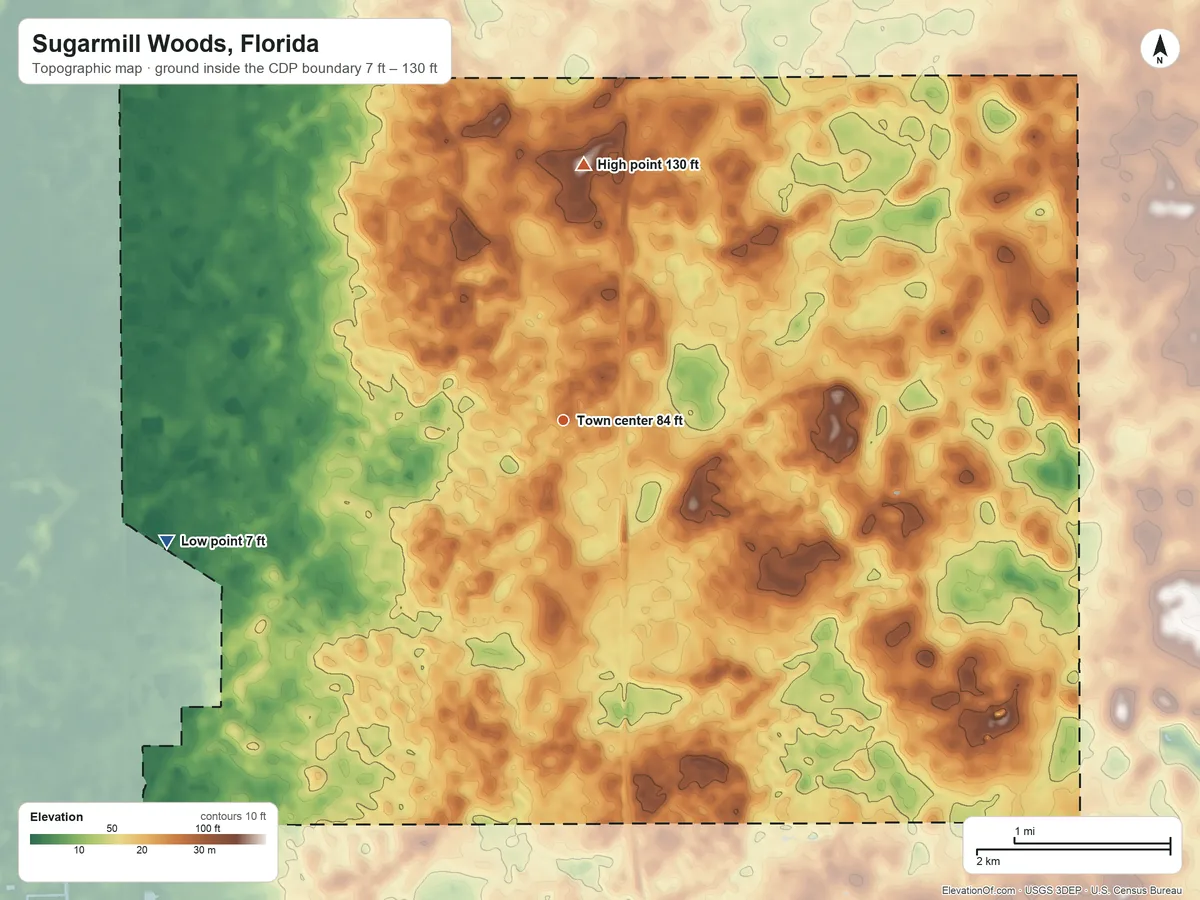 Topographic elevation map of Sugarmill Woods, Florida, shaded from 7 ft on the west side to 130 ft on the north side
