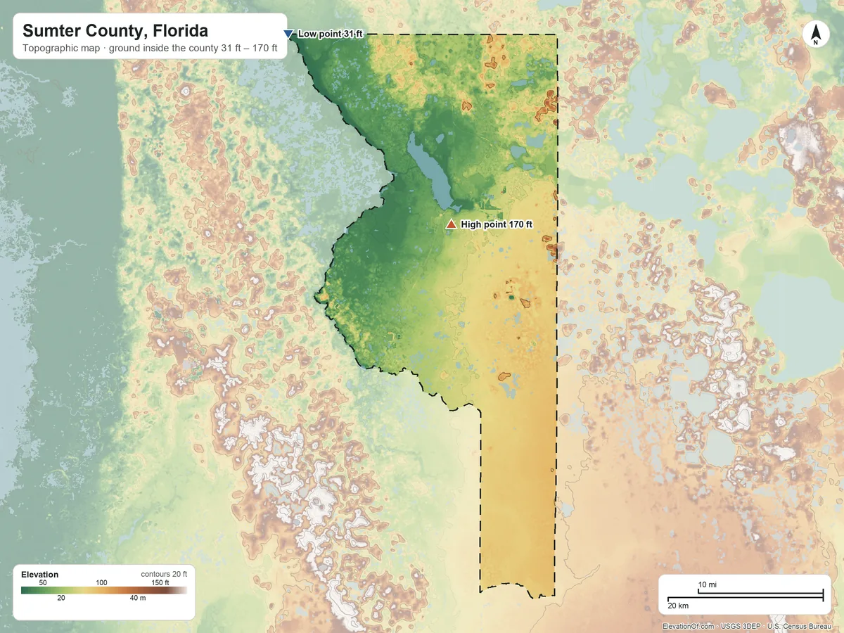 Topographic elevation map of Sumter County, Florida, shaded from 31 ft on the northwest side to 170 ft on the north side