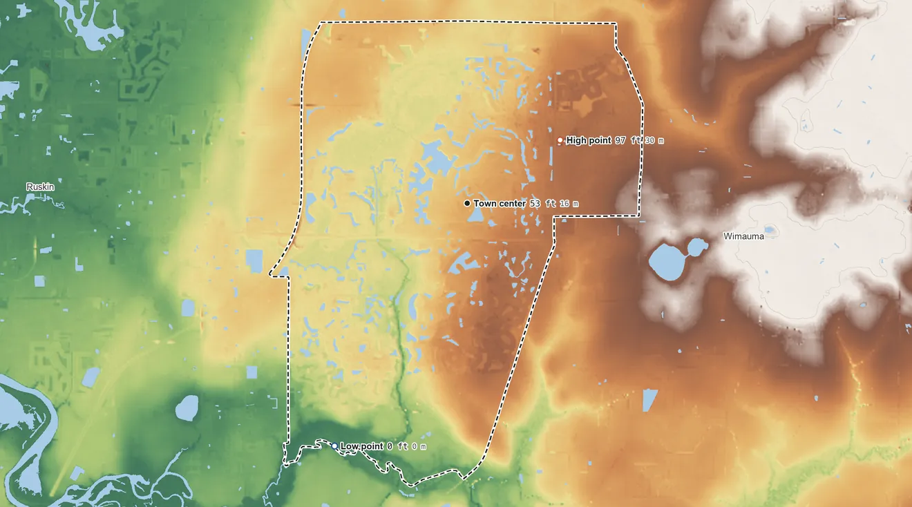 Topographic elevation map of Sun City Center, Florida, shaded from 0 ft on the southwest side to 97 ft on the northeast side