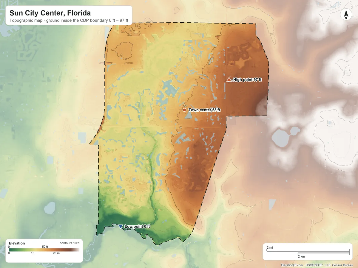 Topographic elevation map of Sun City Center, Florida, shaded from 0 ft on the southwest side to 97 ft on the northeast side
