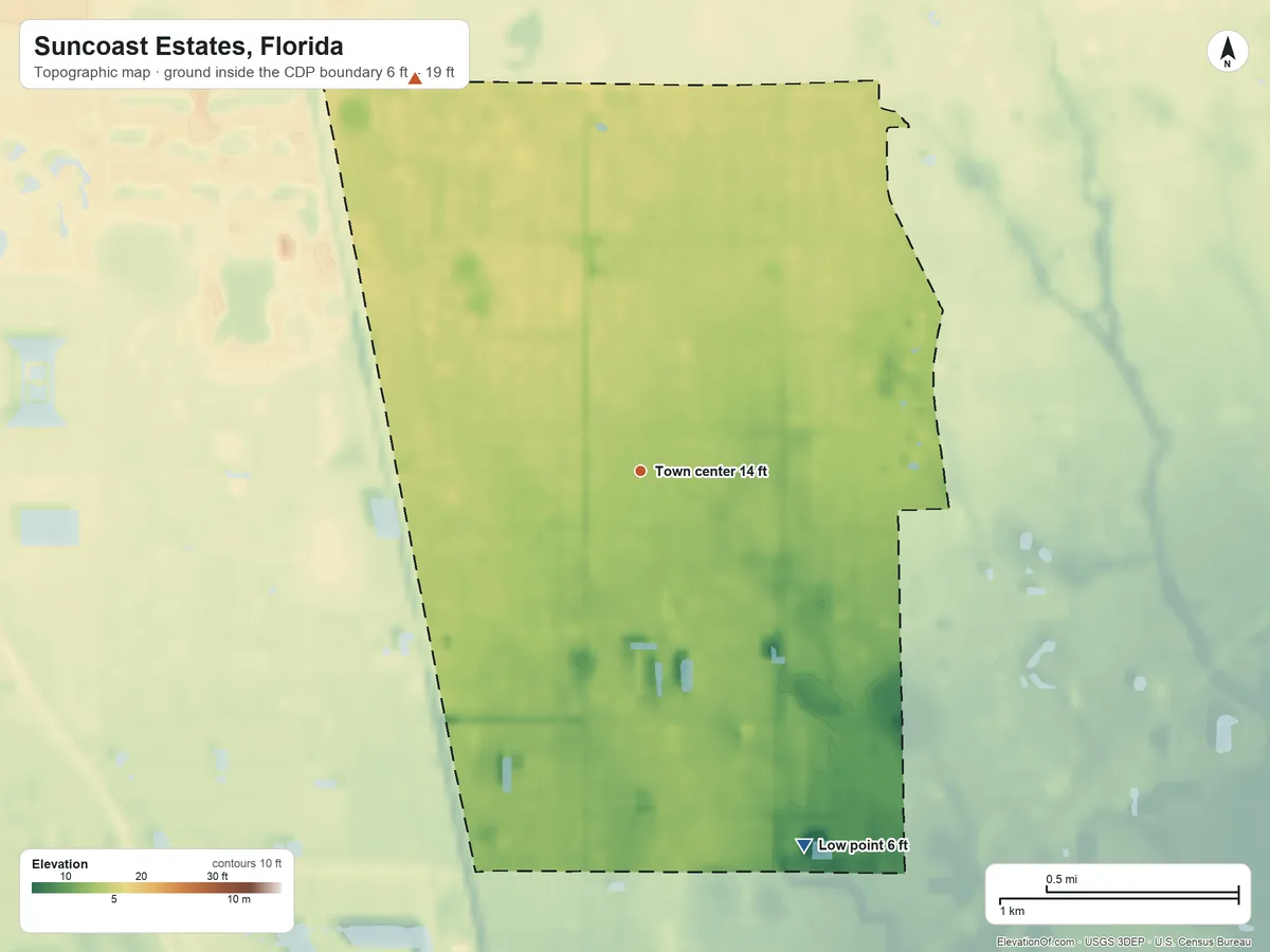 Topographic elevation map of Suncoast Estates, Florida, shaded from 6 ft on the southeast side to 19 ft on the northwest side
