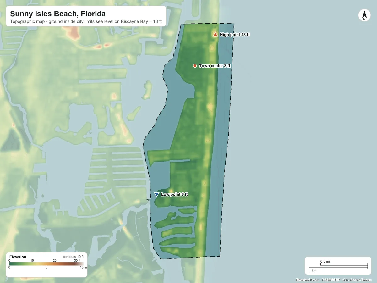 Topographic elevation map of Sunny Isles Beach, Florida, shaded from sea level level on Biscayne Bay to 18 ft on the northeast side