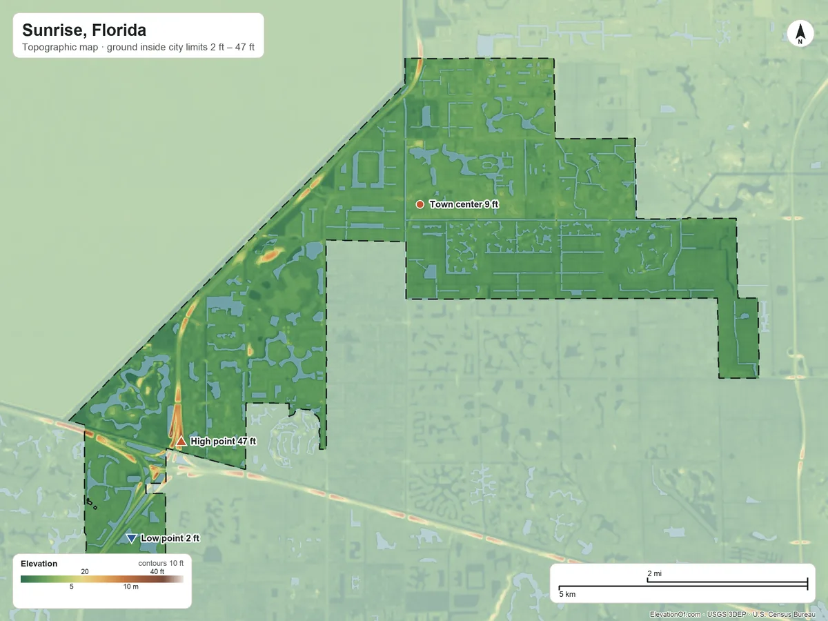 Topographic elevation map of Sunrise, Florida, shaded from 2 ft on the southwest side to 47 ft on the southwest side
