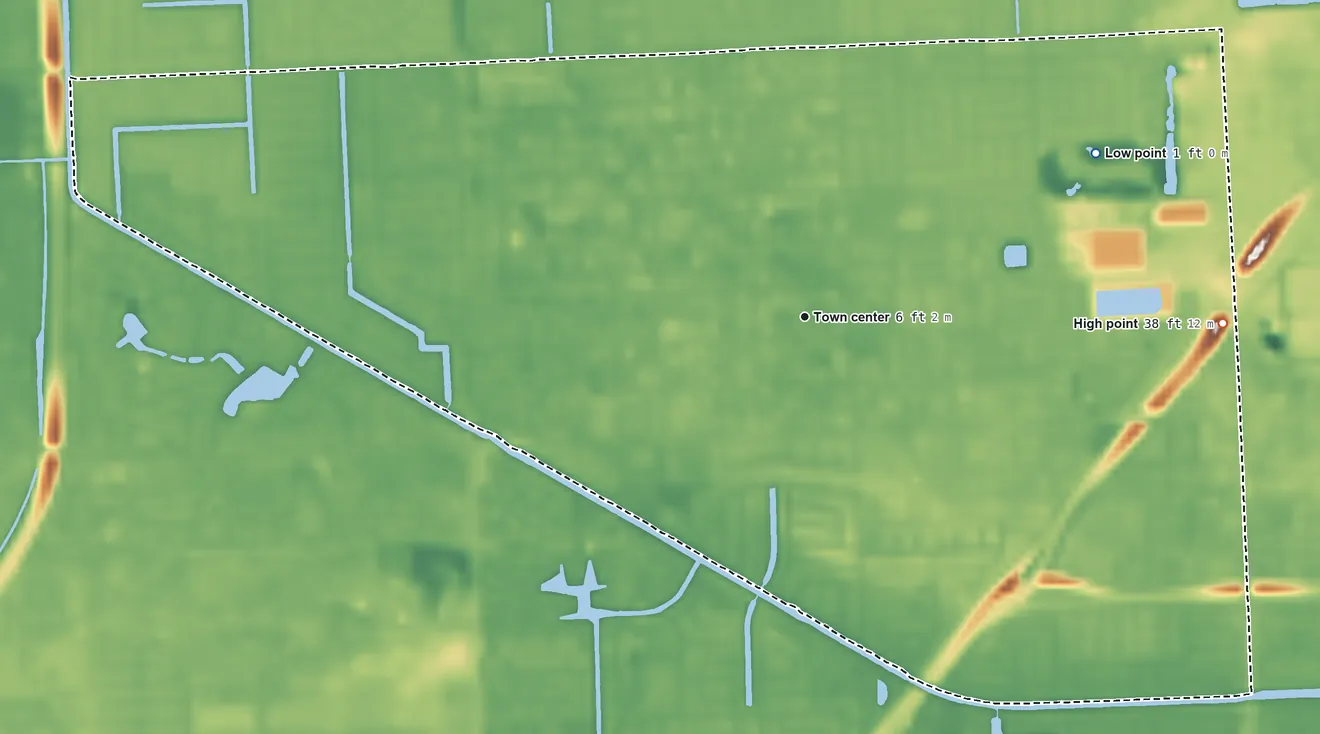 Topographic elevation map of Sunset, Florida, shaded from 1 ft on the northeast side to 38 ft on the east side