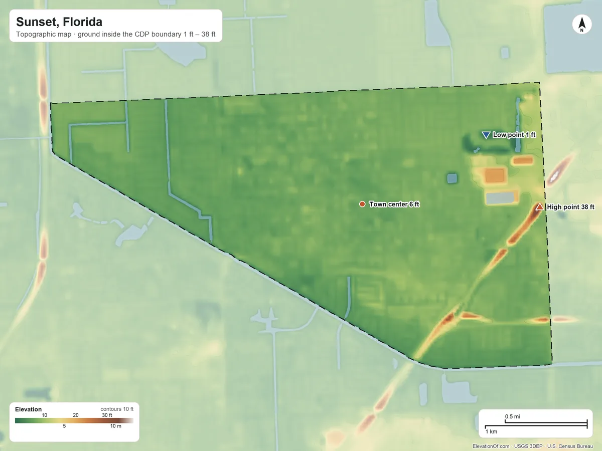 Topographic elevation map of Sunset, Florida, shaded from 1 ft on the northeast side to 38 ft on the east side
