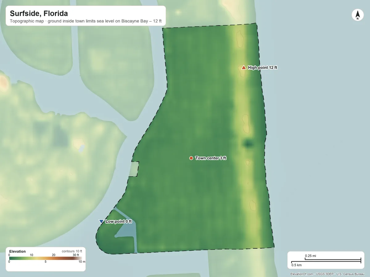 Topographic elevation map of Surfside, Florida, shaded from sea level level on Biscayne Bay to 12 ft on the northeast side