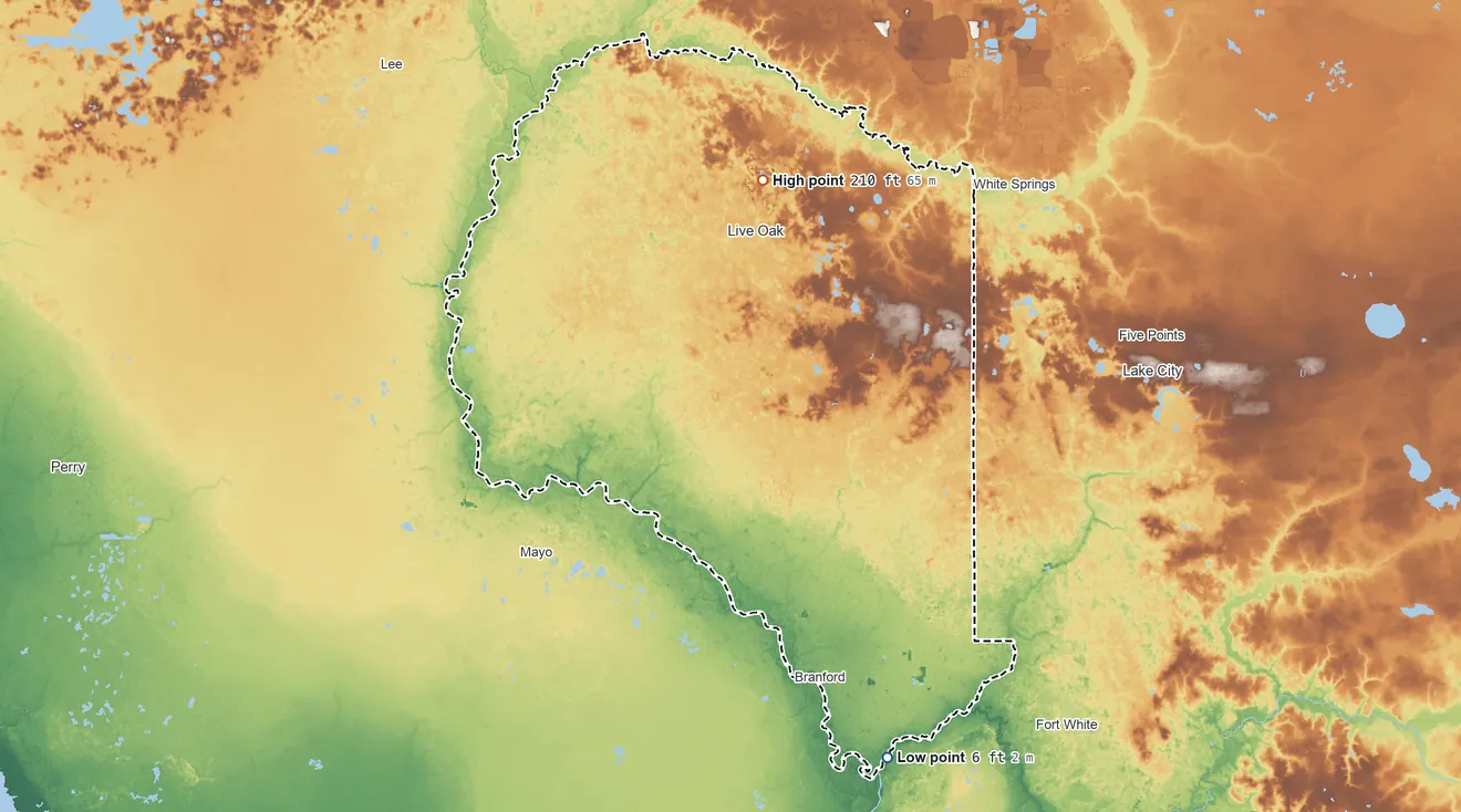 Topographic elevation map of Suwannee County, Florida, shaded from 6 ft on the southeast side to 210 ft on the north side
