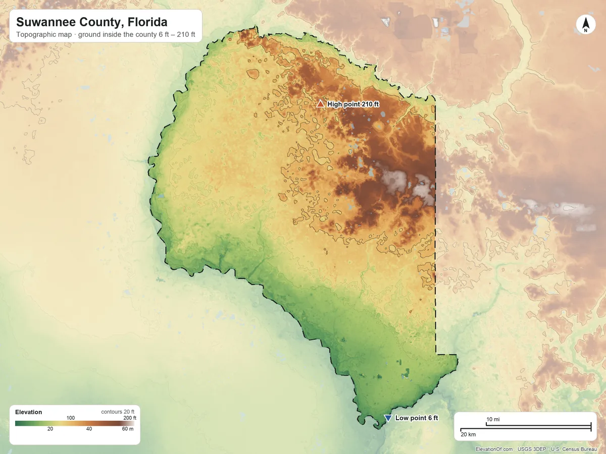 Topographic elevation map of Suwannee County, Florida, shaded from 6 ft on the southeast side to 210 ft on the north side