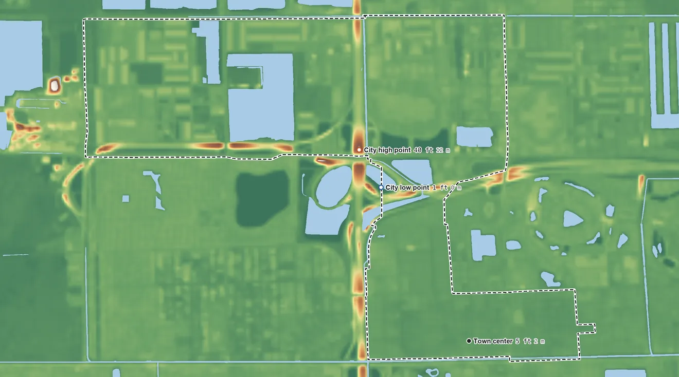Topographic elevation map of Sweetwater, Florida, shaded from 1 ft on the northwest side to 40 ft on the northwest side
