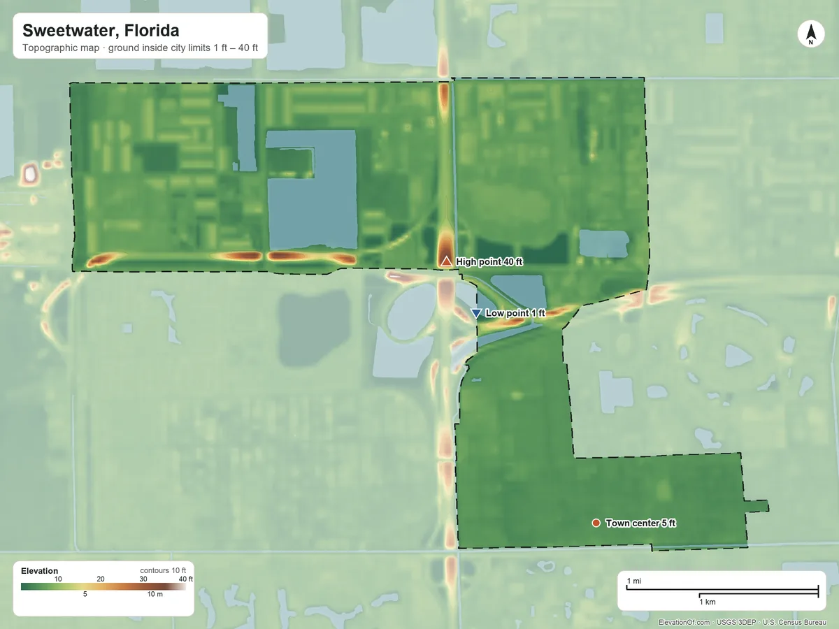 Topographic elevation map of Sweetwater, Florida, shaded from 1 ft on the northwest side to 40 ft on the northwest side
