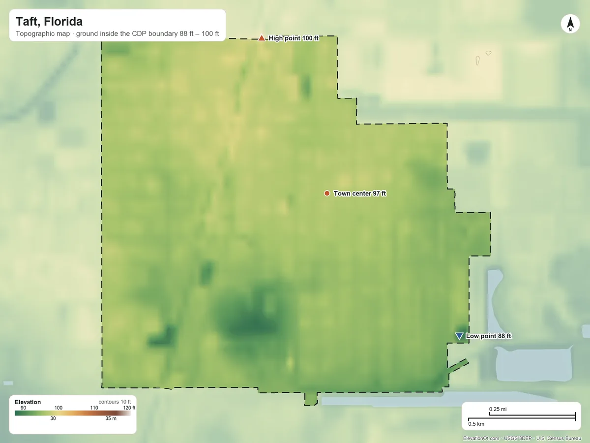 Topographic elevation map of Taft, Florida, shaded from 88 ft on the southeast side to 100 ft on the northwest side