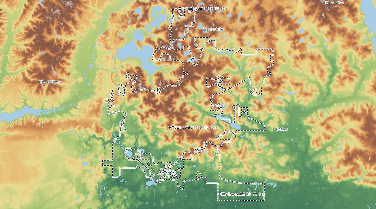 Topographic elevation map of Tallahassee, Florida, shaded from 18 ft on the southeast side to 260 ft on the north side
