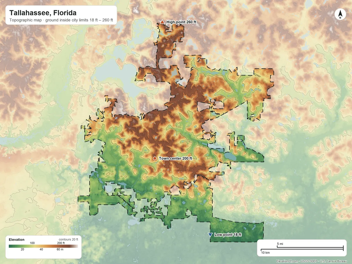 Topographic elevation map of Tallahassee, Florida, shaded from 18 ft on the southeast side to 260 ft on the north side