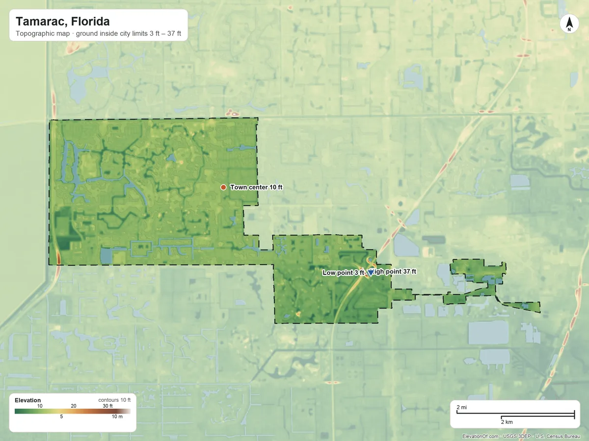 Topographic elevation map of Tamarac, Florida, shaded from 3 ft on the southeast side to 37 ft on the southeast side